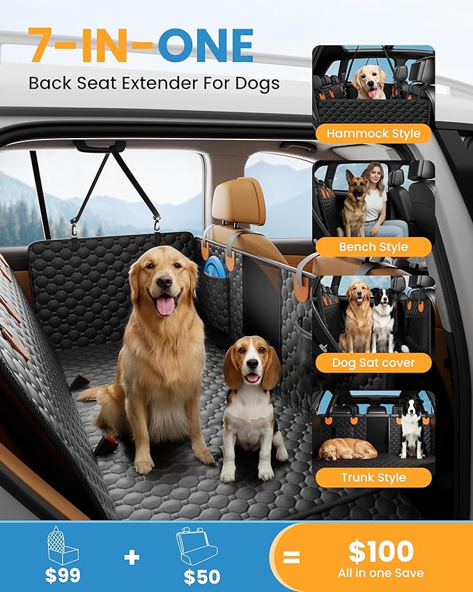Dog Car Seat Cover for Back Seat, Hard Bottom Back Seat Extender for Dogs, Waterproof Dog Hammock for Truck Support to 400lbs, Car Seat Protector for Cars, Trucks, SUV, Jeep