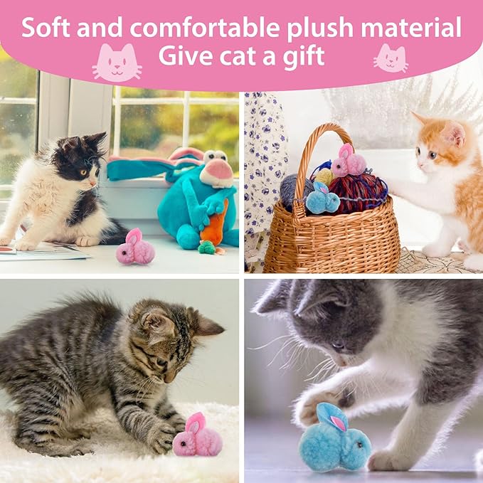 10Pcs Plush Toy Balls, Cute Bunny Shape Kitten Pompom Soft 5.5cm/2.16in Puff Ball Indoor Fun Colorful Cat Ball Toy Pom Pom Balls for Pet