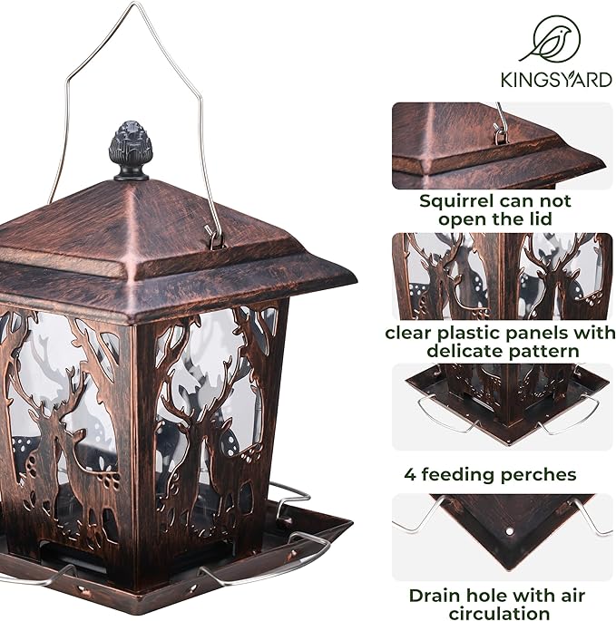 Kingsyard Metal Bird Feeder for Outdoor Hanging - Unique Design Wild Bird Hopper Feeder with 4 Perches and Rainproof Roof, Antique Copper