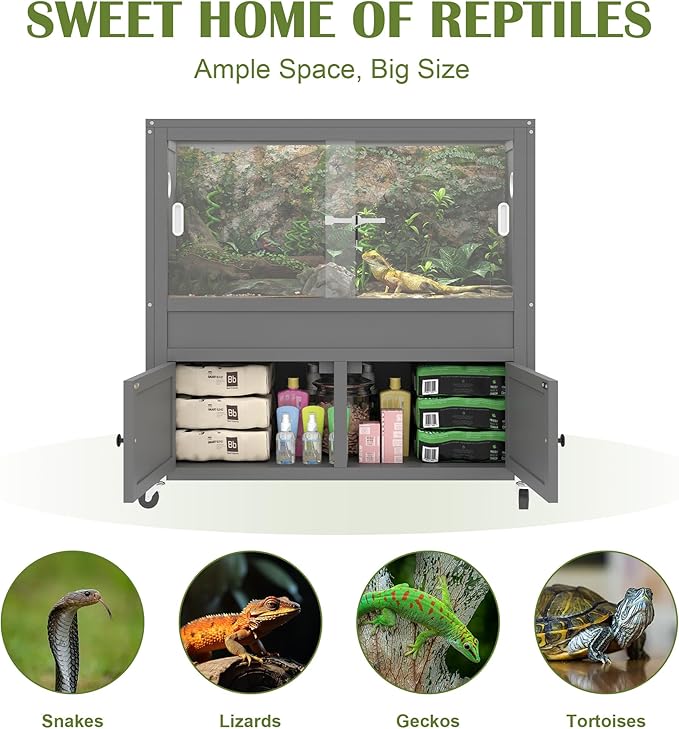 40 Gallon Reptile Tank with Storage Cabine,Bearded Dragon Tank with Stand,Reptile Enclosure with Sturdy Locks, Heat-Resistant Mesh Top, Adjustable Cabinet and 4 Wheels