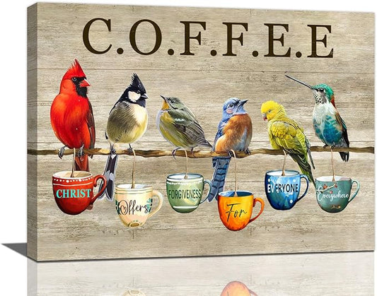 Rustic Bird Coffee Wall Art Kitchen Christ Coffee Pictures Wall Decor Farmhouse Cardinal Hummingbird Canvas Print Painting Artwork for Coffee Bar Living Room Bedroom 12"x16"