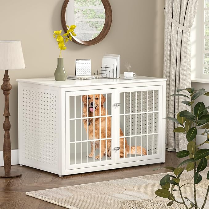 48" Heavy Duty Dog Crate Furniture for Large Dogs, Metal Cage for High Anxiety Dogs, Wooden Kennel Furniture Indoor, Decorative Dog Kennel End Table, XL,White