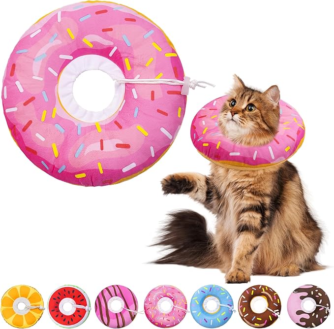 Cat Cone Soft Collar, Adjustable Cat Recovery Collars Kitten Cones to Stop Licking, Cute Donut E Collar After Surgery, Elizabethan Healing Protective Cones After Spay (Donut Pink, Large)