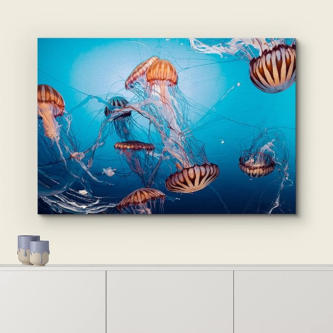 wall26 Canvas Print Wall Art Tiger Stripe Jellyfish Underwater Ocean Sea Nature Animals Photography Realism Rustic Scenic Landscape Wilderness Colorful for Living Room, Bedroom, Office - 12"x18"