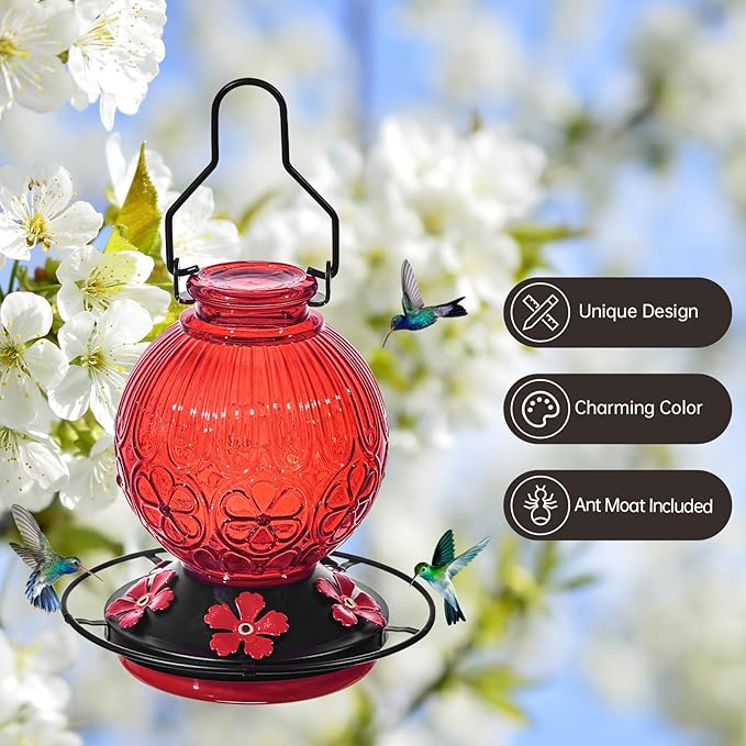 Glass Hummingbird Feeders for Outdoors Hanging, 23Oz Humming Bird Nectar Feeders with Perch, 5 Flower Feeding Ports, Leak Proof Base and Hook for Garden Decor, Gifts for Mom Women (Red)