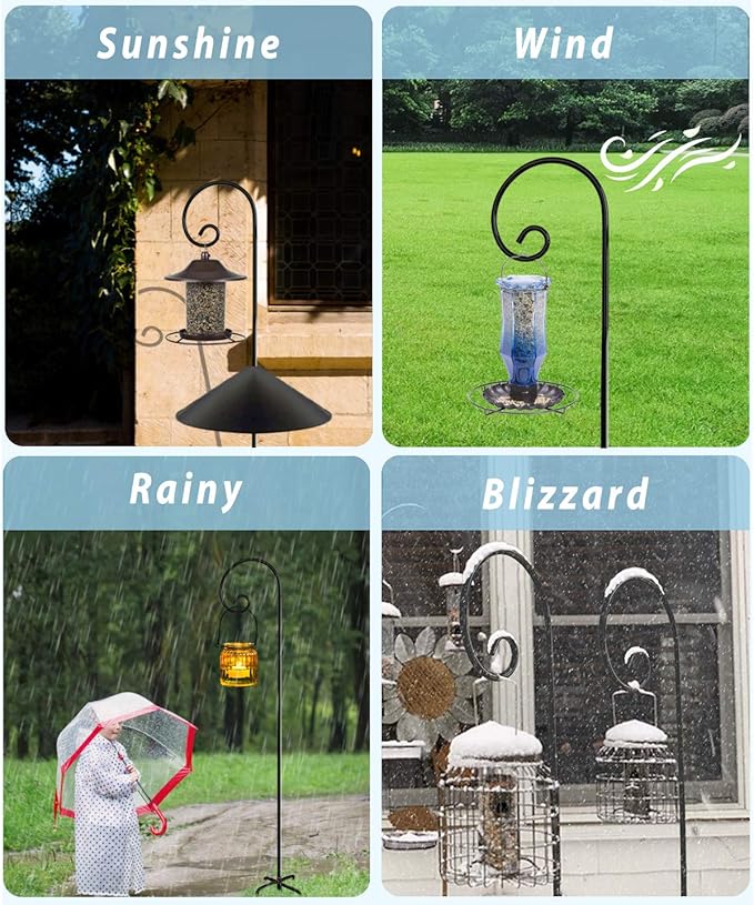 Outdoor Shepherd Hooks 76 inch Tall for Bird Feeder (2 Packs), Adjustable Metal Garden Poles for Hanging Plants Solar Light Lantern, Bright Black