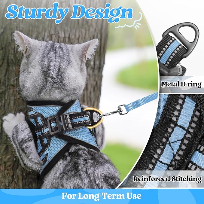 rabbitgoo Cat Harness and Leash Set for Walking Escape Proof, Adjustable Soft Kittens Vest with Reflective Strip for Cats, Comfortable Outdoor Vest, Light Blue, L