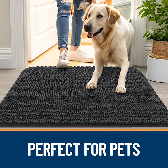 OLANLY Dog Door Mat Set 2-Piece 24x16, Absorbs Moisture and Dirt, Absorbent Non-Slip Washable Doormat, Quick Dry Chenille Mud Mat for Dogs, Entry Indoor Entryway Carpet for Inside Floor, Dark Grey