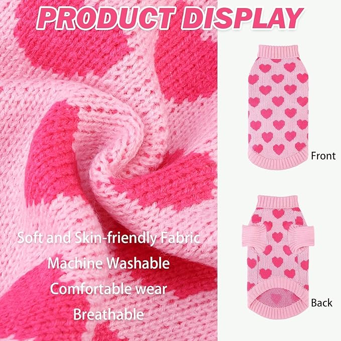 KOOLTAIL Cat Sweater Turtleneck- Soft Pink Knit Cat Sweaters for Cats Only, Heart Love Pattern Thick Warm Cold Weather Clothes, Valentine's Day Pet Outfit for Small Medium Size Kitten Puppy Girls S