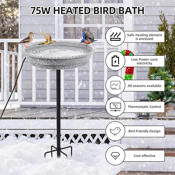 Heated Bird Bath for Outdoors for Winter, 75W Bird Bath Water Heater Bird Bath Deicer,Deep Bowl Thermostatic Control Weather Resistance Available with Stable Metal Pole for All Seasons(Grey)