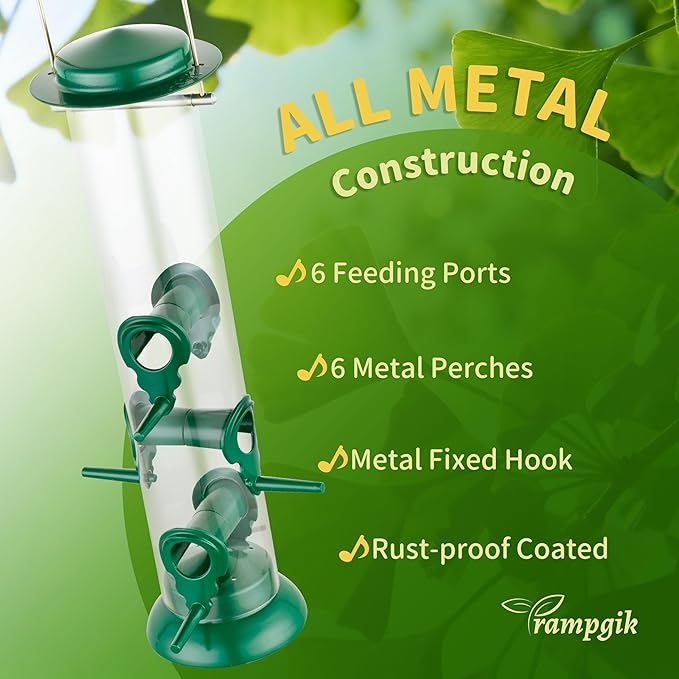Metal Tube Bird Feeders for Outdoors Hanging,Finch Feeders for Outside,Chew-Proof Hanging Birdfeeder,Squirrel-Proof 6 Ports Bird Feeder 13 Inch,Anti-Rust,Green,1 Pack(Seed is not Included)