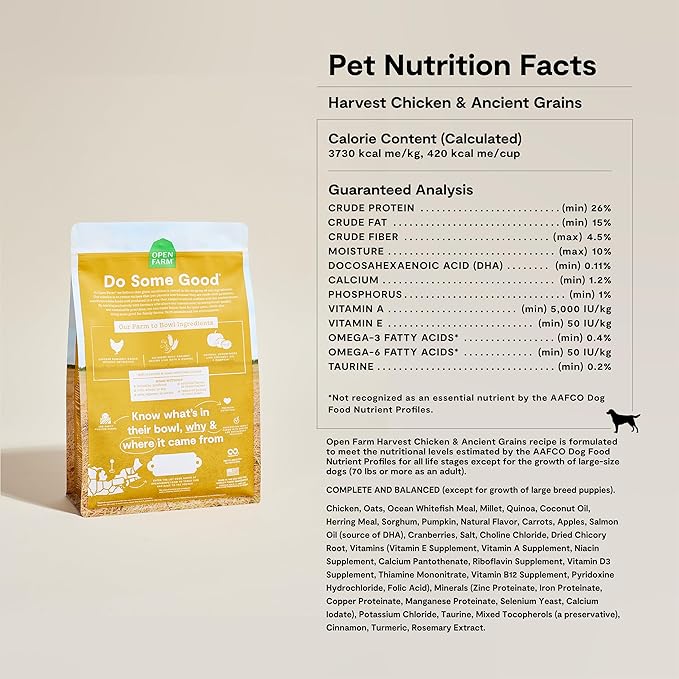 Open Farm, Ancient Grains Dry Dog Food, Protein-Rich & Nutrient Dense, 90% Animal Protein Mixed with Non-GMO Fruits, Veggies and Superfoods, Harvest Chicken Recipe, 11lb Bag