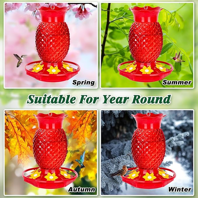Glass Hummingbird Feeders for Outdoors Hanging Ant and Bee Proof Red 16OZ 1 Pack Pineapple Hummingbird Feeder with Leak Proof for Outside & 6 Feeding Ports Gifts for Women Garden Decor