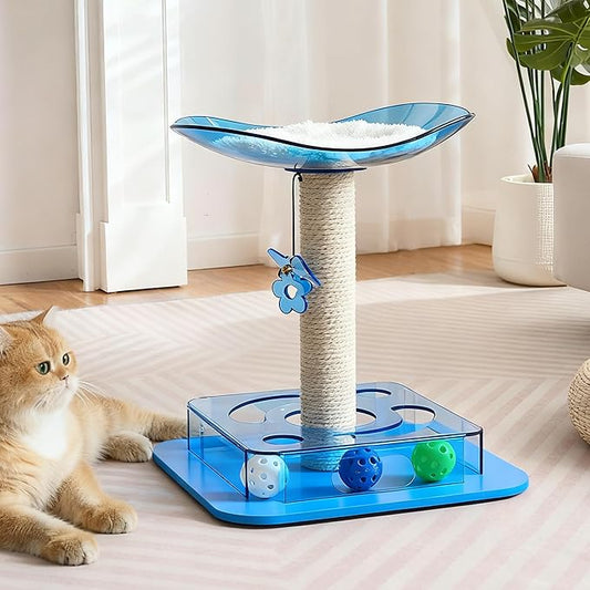 Modern 3-in-1 Interactive Cat Toy with Puzzle Box, Cat Bed/Perch & Scratching Posts, Colorful Jingle Balls, Dangling Accent, Puzzle Toys for Indoor Cats, Acrylic, Blue