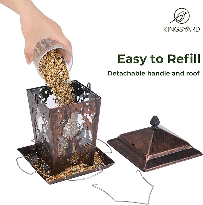 Kingsyard Metal Bird Feeder for Outdoor Hanging - Unique Design Wild Bird Hopper Feeder with 4 Perches and Rainproof Roof, Antique Copper
