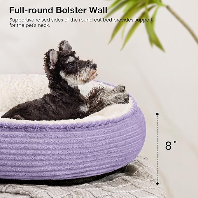 Love's cabin Round Donut Cat and Dog Cushion Bed, 25in Pet Bed for Small or Medium Dogs, Anti-Slip & Water-Resistant Bottom, Soft Durable Fabric Pet Beds, Washable Calming Cat Bed Lavender Stripe