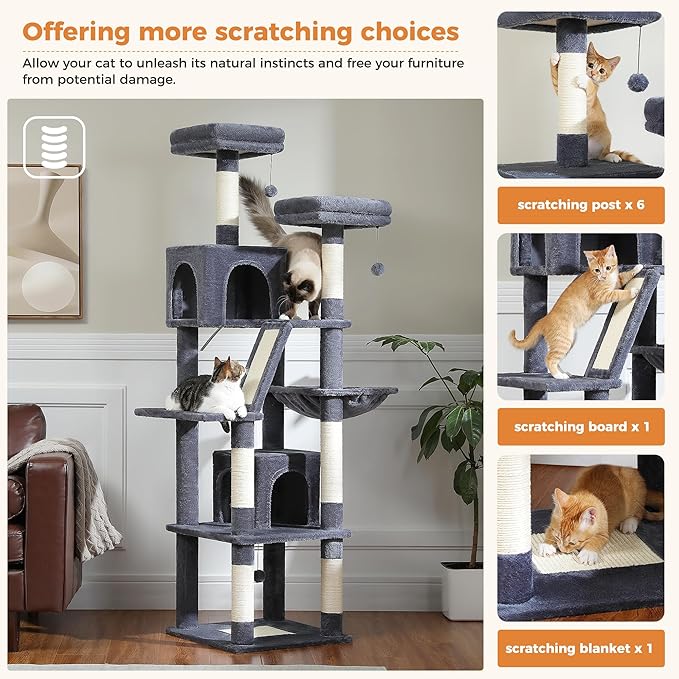PAWZ Road 70 Inch Cat Tower, Tall Cat Tree with 2 Cozy Condos, 2 Plush Perch, Large Basket, 2 Scraching Pad & 6 Scraching Posts for Indoor Cats Large Adult, Dark Gray