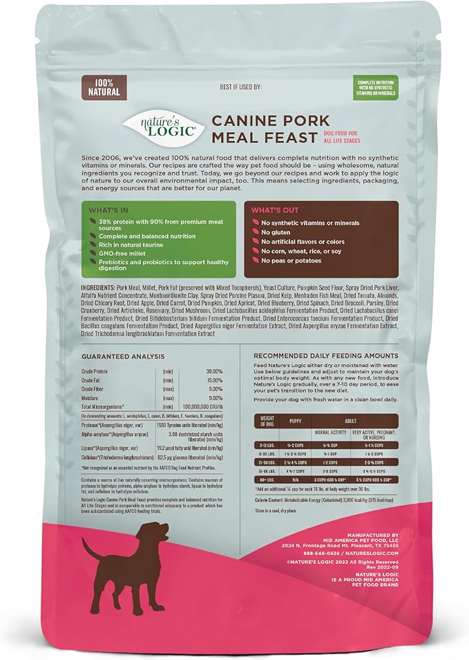 NATURE'S LOGIC Dry Dog Food - 100% Natural - No Synthetics - for All Ages, Sizes, Breeds - Free from Common Allergens, High Protein - Pork Meal Feast, 4.4lbs
