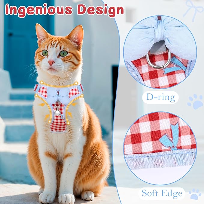 Cat Vest Harness and Leash Set for Walking Escape Proof, Adjustable Kitten Harness and Leash Set Breathable Mesh with Bow Harness for Kitty Puppy Bunny(Red Medium)