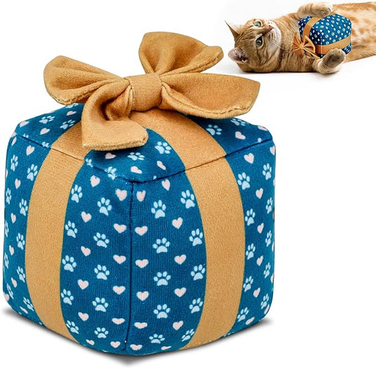 Gift Box Catnip Toy – Christmas & Birthday Cat Toy with Catnip & Crinkle, Cute Plush Present for Indoor Cats, Christmas Cat Gift & Stocking Stuffer