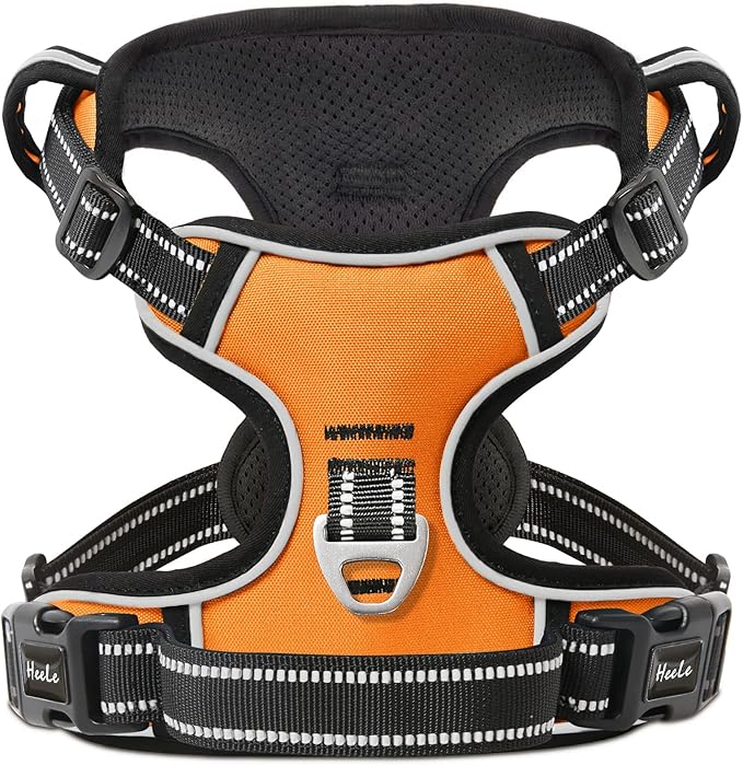 HEELE Dog Harness, No Pull Adjustable Padded Reflective Harness for Small Medium Large Dogs with Handle for Walking Training, Orange, XL