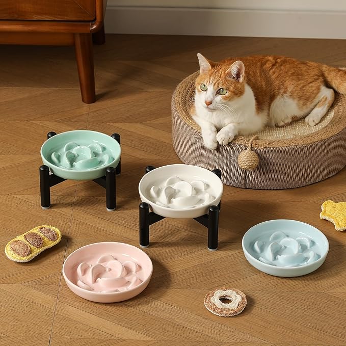 Elevated Slow Feeder Cat Bowl - Ceramic Cat Food Dish with Anti-Slip Stainless Steel Stand - Raised Maze Plate for Slow Eating - Ivory White