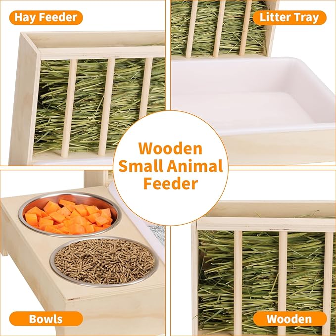 3 in 1 Rabbit Litter Box with Hay Feeder and Bowls - Wooden Rabbit Hay Feeder for Guinea Pig, Hamster, Small Animals