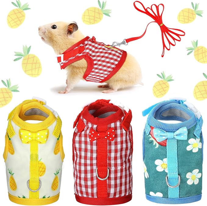 Weewooday 3 Pieces Guinea Pig Harness with Leash Small Pet Harness Fruit Plaid Pattern Adjustable Padded Walking Vest for Pet Hamster Squirrel Animals(Pineapple, Red Plaid, Strawberry,Small)