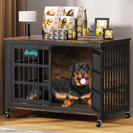 EasyCom 48"/42"/33" Dog Crate Furniture with Name Tag, Heavy Duty Dog Kennel Indoor for Large Dogs, Escape-Proof and Chew-Proof Dog Cage for high Anxiety Dog, Decorate House as TV Stand, End Table