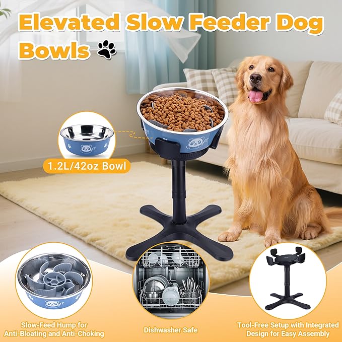 Elevated Slow Feeder Dog Bowl Adjustable Stand,Tilted ABS Base,Fits 5.5-9.5" Bowls, Anti-Spill & Non-Slip, Heavy Duty for Med/Large Dogs(with Stainless Steel Bowls 1 Pack)