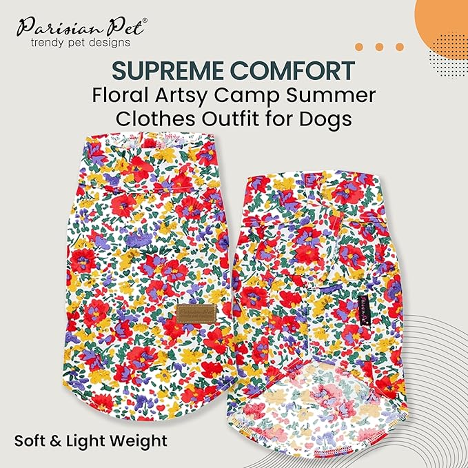 Parisian Pet Floral Pattern Dog Shirt - 100% Cotton Summer Clothes - Stylish Beach Outfit - Hook and Loop Closure - Machine Washable - Medium Size