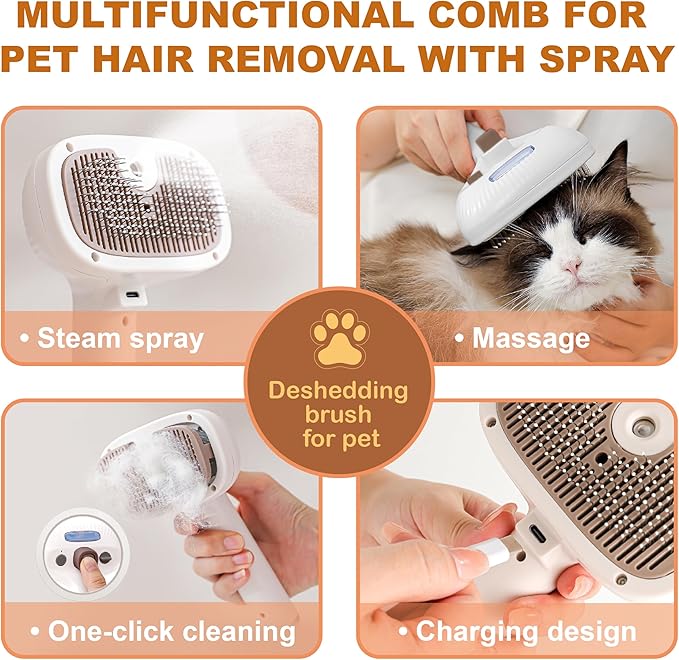 Cat Steam Brush, Dog Brush for Shedding, Pet Spray Hair Removal Comb, Pet Grooming Brush for Short & Long Haired Dogs & Cats,Spritz Defur Comb with Waterless Shampoo (White)
