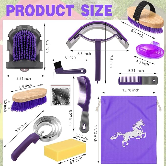 Abbylike 12 Pieces Horse Grooming Kit Racing Festival Tack Room Supplies Horse Brush Sets Equine Care Cleaning Kit Shedding Grooming Massaging Tools(Gray and Purple)