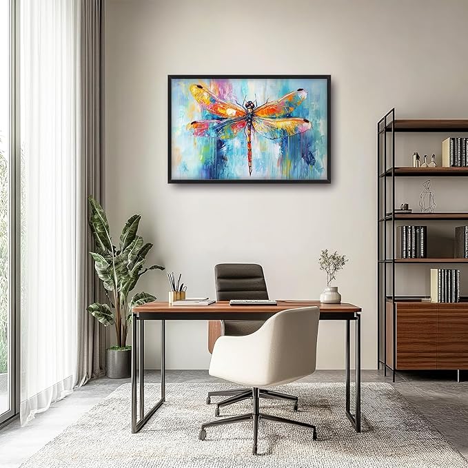 Extra Large Abstract Dragonfly Framed Wall Art for Living Room,Oversized Colorful Dragonfly Pictures Wall Decor,Teal Canvas Print Painting Modern Artwork Bedroom Office Bathroom 36L" x 24W"