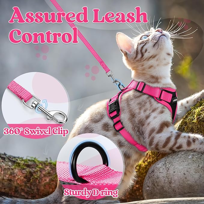 rabbitgoo Cat Harness and Leash Set, Escape Proof Soft Adjustable Vest Harnesses for Outdoor Walking, Easy Control Breathable Kitten Jacket with Reflective Strips, Black & Rose Pink, M