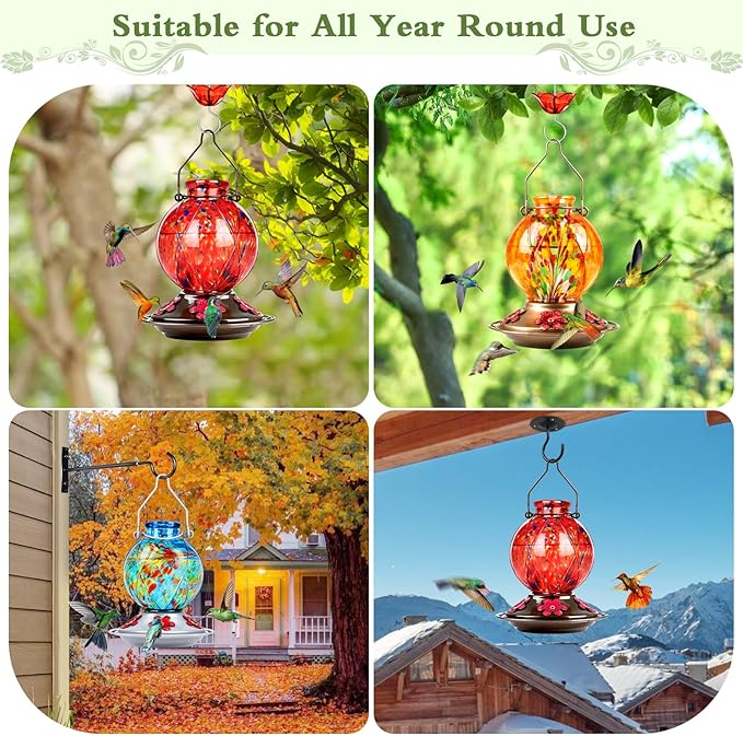 Hummingbird Feeder, BOLITE Glass Hummingbird Feeders for Outdoors Hanging, 20 Ounces, Leak Proof, Meshy Texture Ball Shape Bottle, Red, Birthday Gifts for Women Men, Gifts for Mom Dad