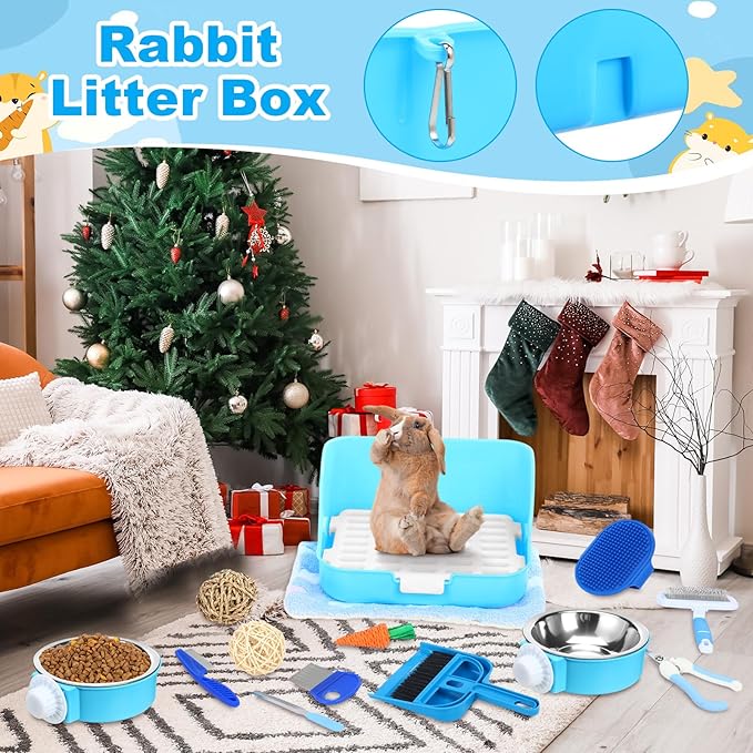 15 Pcs Rabbit Starter Kit Small Rabbit Litter Box Animal Grooming Kit Bunny Toys Bowl Blankets with Cleaning Set for Guinea Pig Accessories (Light Blue)