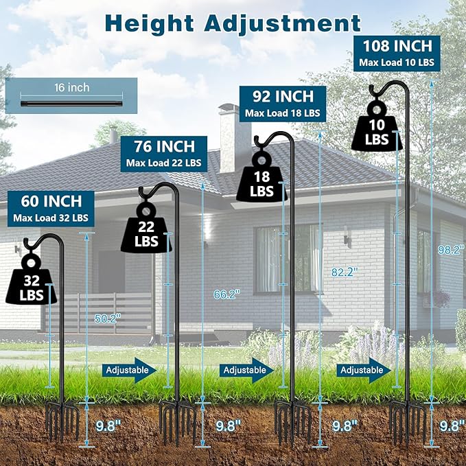 Gtongoko Shepherds Hook for Outdoor, 92 Inch Bird Feeder Pole with 7 Prongs Base, 3/4 Inch Thick Heavy Duty Adjustable Garden Hook for Hanging Plant, Hummingbird Feeder, Lantern, 1 Pack