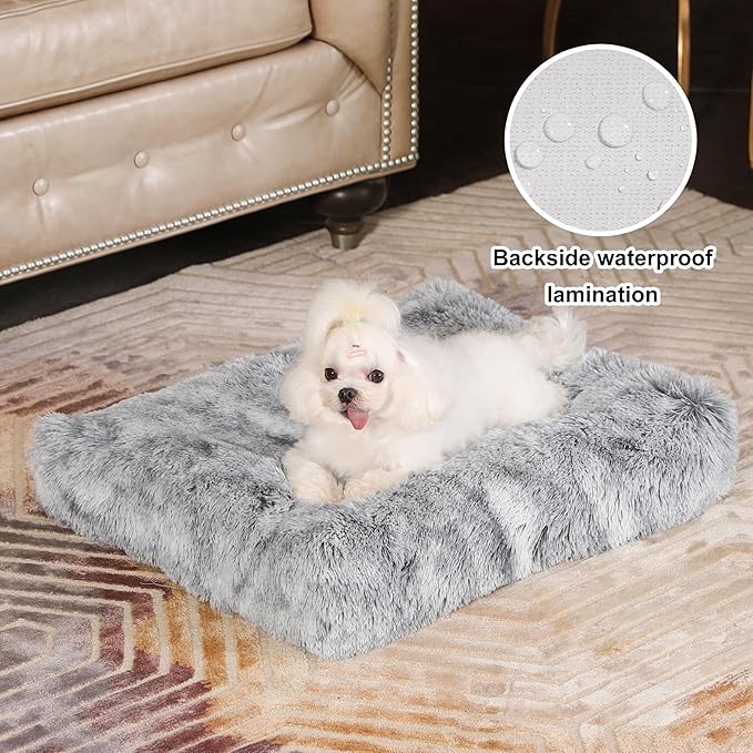 Bedfolks Plush Waterproof Dog Crate Bed, Removable Washable Faux Fur Cover, Fluffy Kennel Bed 17"x12", Dark Grey