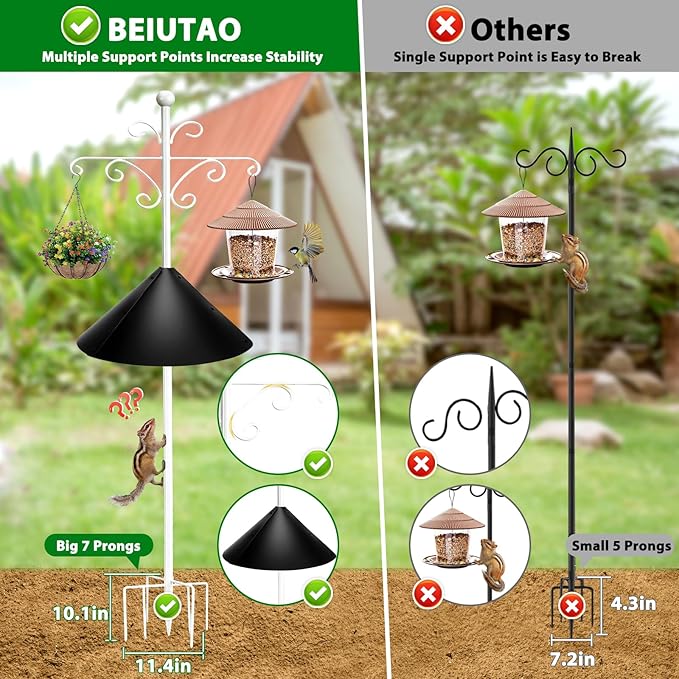 Bird Feeder Pole for Outdoors Heavy Duty Squirrel Proof, 2 Pack 108 Inch Adjustable Tall Shepherds Hooks for Outdoor with 5 Prongs Base, Double Shepherd Hooks (2 Pack White, 108 Inch)