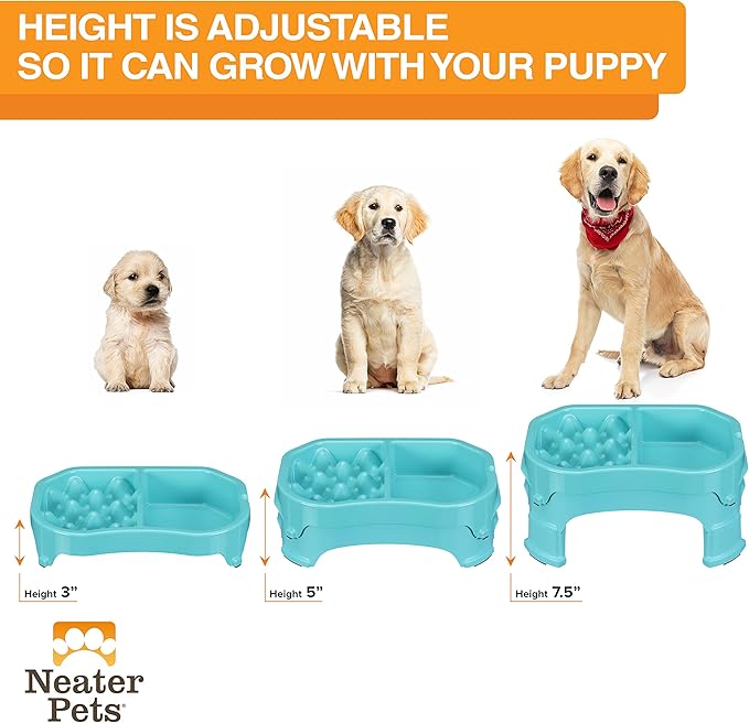 Neater Pet Brands – Neater Raised Slow Feeder Dog Bowl – Elevated and Adjustable Food Height - (Double Diner, Aquamarine)