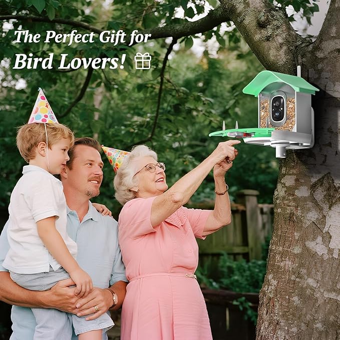 Smart Bird Feeder with Camera, 2K HD AI Identify Birds Species, Bir d Watching Camera with Solar Panel, Instant Notifications, Ideal Present for Bir d Lover, Grass Green