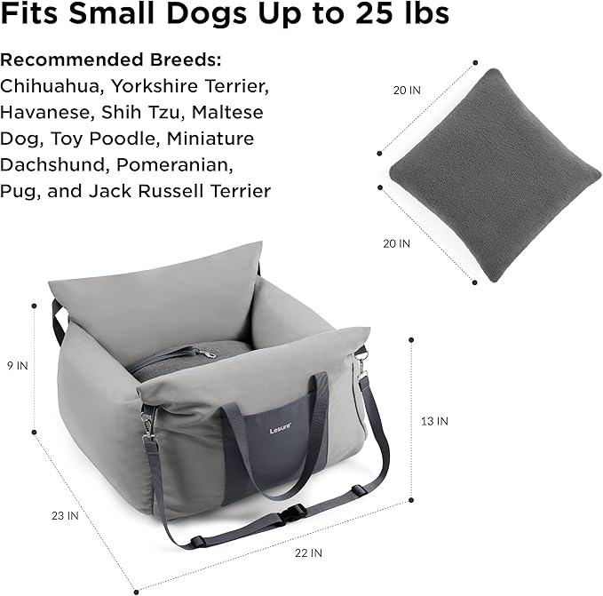 Lesure Small Dog Car Seat for Small Dogs - Soft Dog Booster Seat for Car with Storage Pocket and Clip-On Safety Leash and Thickened Memory Foam Filling, Pet Carseat Travel Carrier Bed, Grey