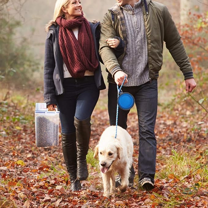 Rocutus Pet Food Storage Container,Portable Cat Dog Food Container With Measuring Cup,4 Seal Buckles Food Dispenser for Regular Food,Dogs, Cats, Birds (White Blue)