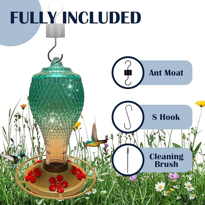 Hummingbird Feeder for Outdoors,17 OZ Glass Humming Bird Feeder for Garden,Backyard Decor,Four Flowers Feeding Ports,Leak Proof,Ant Moat Included,Humming Gifts for Mom/Women