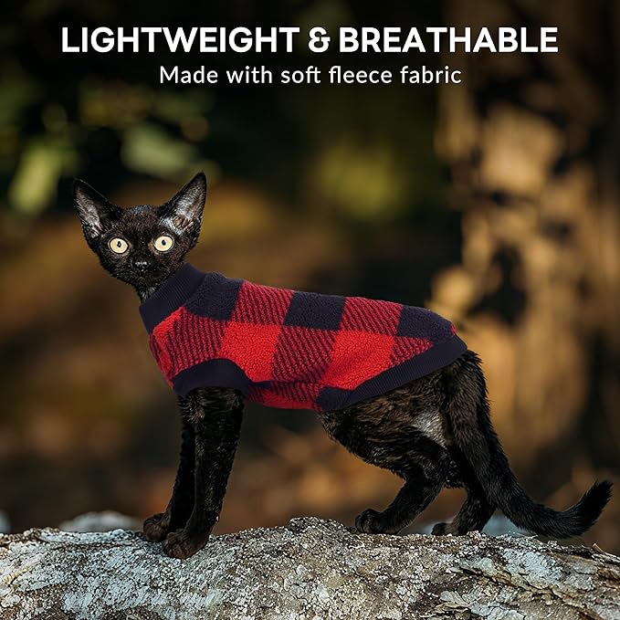 PUMYPOREITY Winter Warm Cat Sweater - Super Soft & Elastic Knit with Plush Fleece, Easy-On Design with Ribbed Neck & Cuffs, Stretchy Cat Outfit for Indoor/Outdoor Use,Red, S