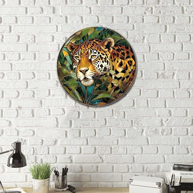 Lygond Metal Sign Tin Sign Circular Stained Glass Jaguar Minimalist Wall Art for Garage 12×12 Inches