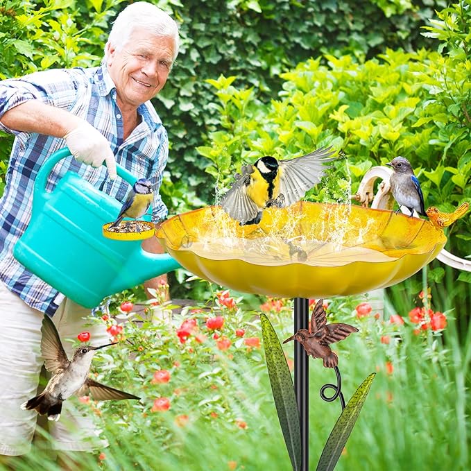 Metal Bird Bath for Outside, Detachable Birdbath Sturdy 5-Prong Stake Base with Bowl & Decorative Birds, Durable Iron Garden Birdbath & Feeder for Patio Wildlife Décor (Retro Yellow)