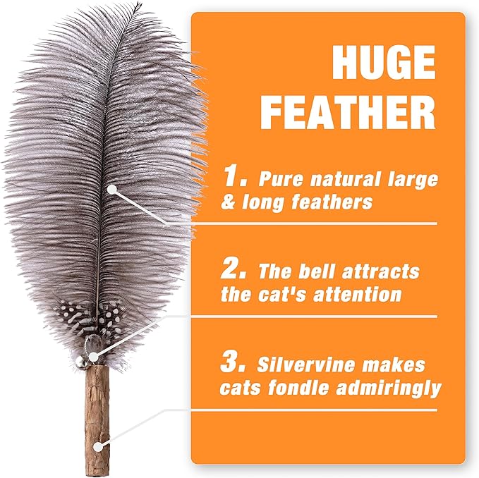 JXFUKAL 2025 Latest Cat Wand Toy, 68”Extra Long Cat Fishing Pole Toy, 4PCS Natural Huge Feather Refills with Silvervine Sticks for Indoor Cats Kitten Kitty Teeth Cleaning Exercise Accessories