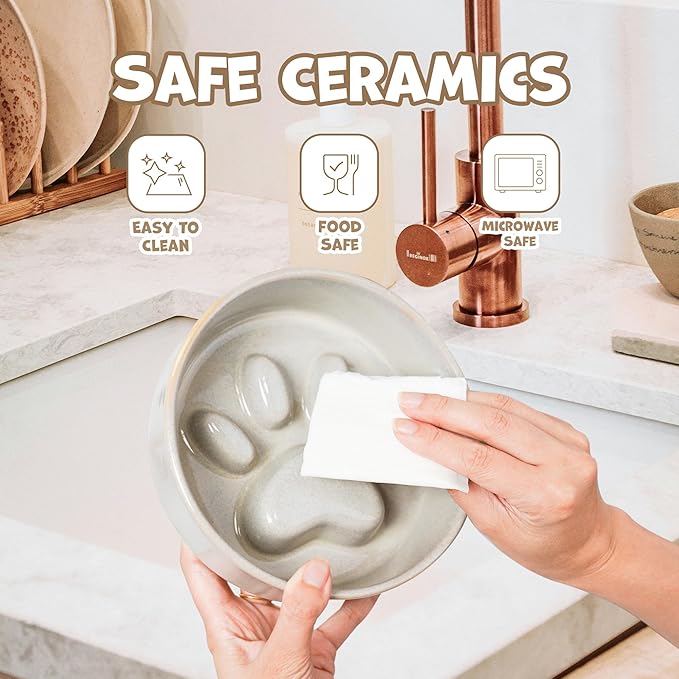 Elevated Slow Feeder Ceramic Dog Bowls Set for Meduim Size, Raised 2.7" Height, Cute Paw Slow Feeding Food Bowl and Water Bowl with Stand for Medium Breed, Size 6.3" Dx2 H, Non Slip, Grey